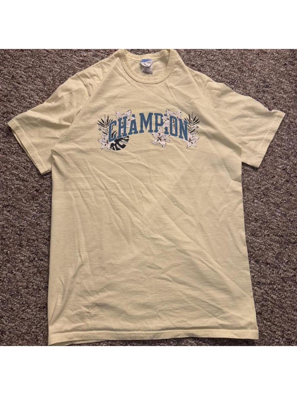Men’s Pale Yellow Champion Floral Logo Graphic T-Shirt - Picture 1 of 5